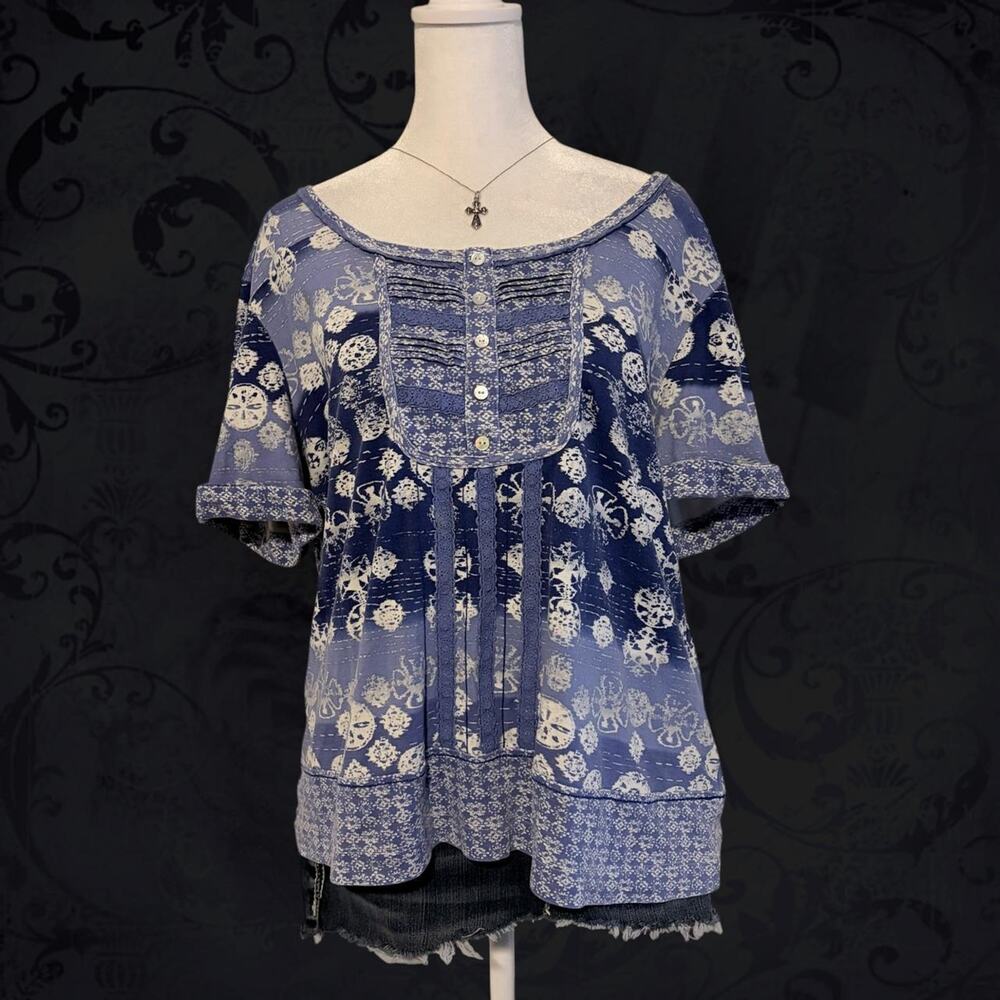 whimsical mixed floral medallion patchwork henley blue fairy boho grunge shirt